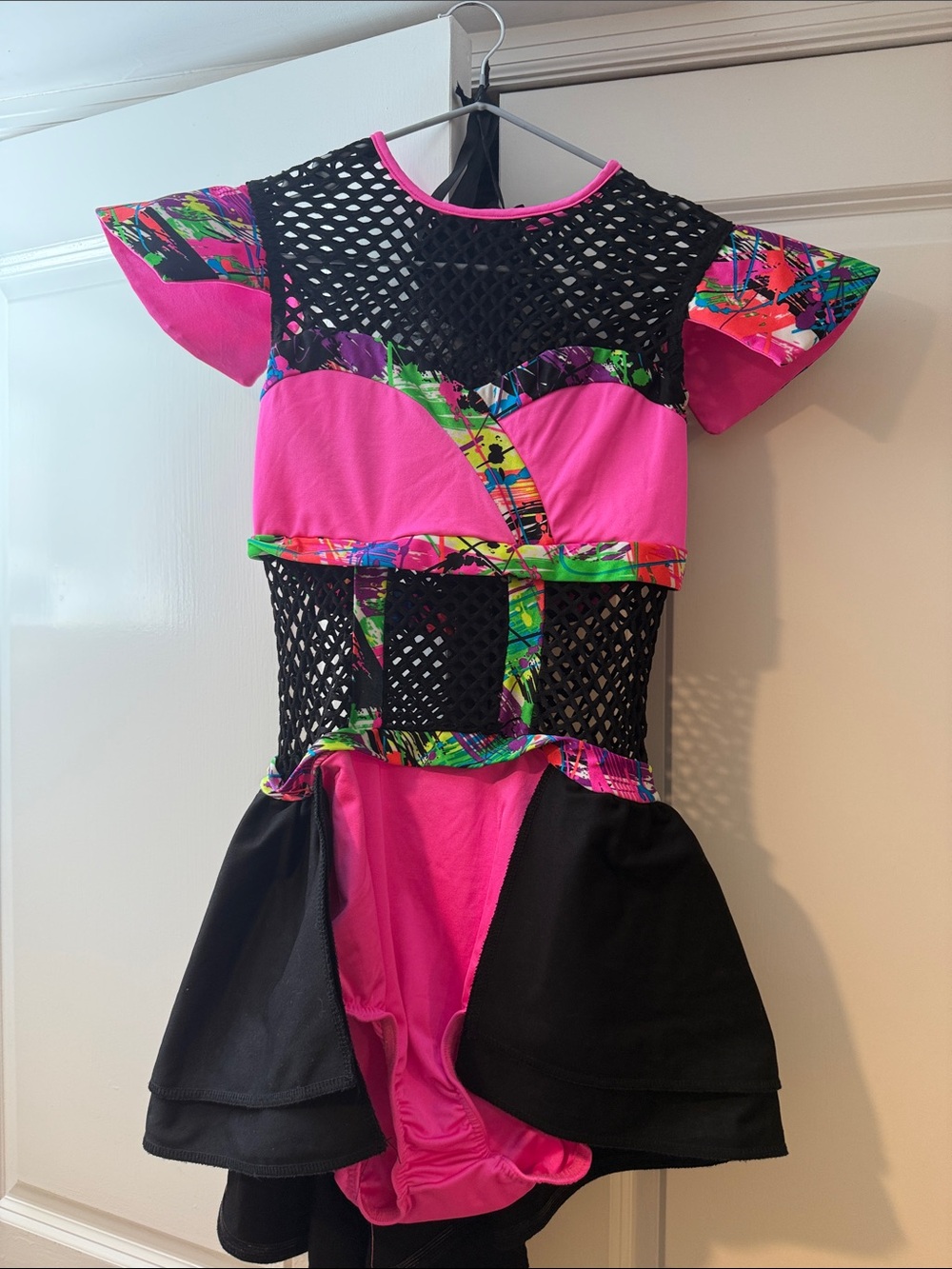Kelle Neon Pink & Black Mesh Dance Costume with Multicolor Trim